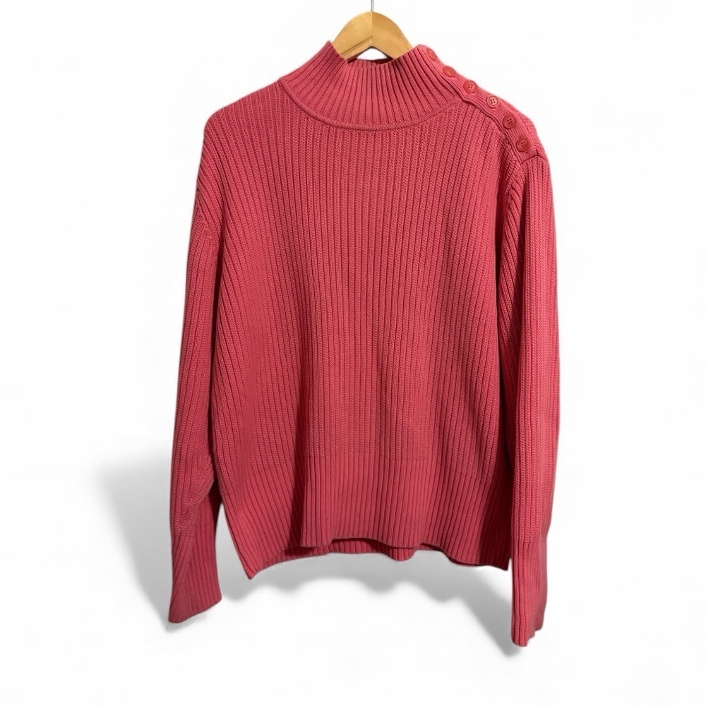 J. Jill Pink Ribbed Sweater Vintage Mock‎ Neck Button Knit Preppy 100% Cotton XL